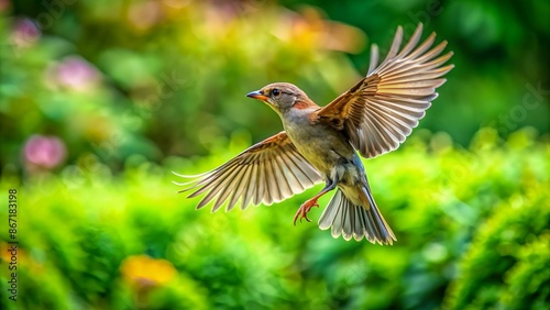 Bird in flight on green garden background