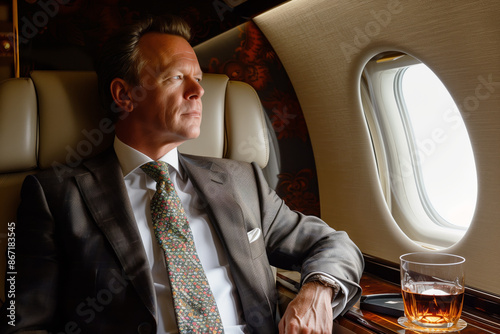 A businessman in a sharp suit sits thoughtfully in a private jet, with a glass of whiskey on the table, embodying luxury and executive travel photo