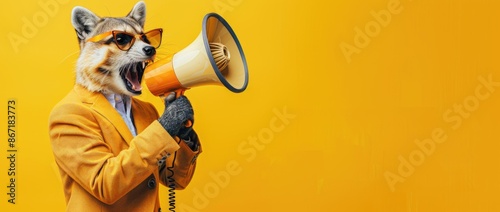 Stylish Raccoon in Suit with Sunglasses Shouting into Megaphone on Bright Yellow Background photo