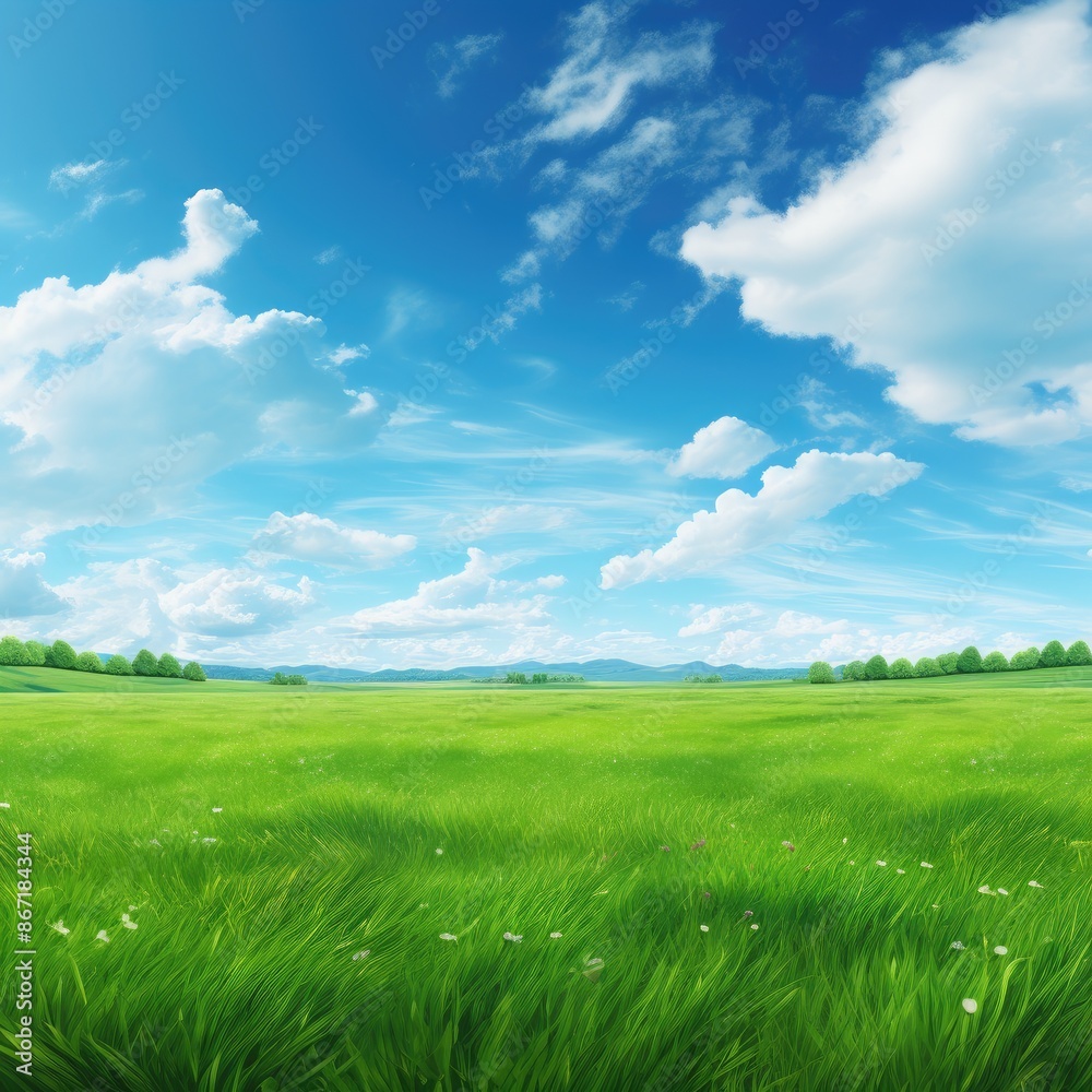 Obraz premium Lush green field with flowers and clouds in the sky
