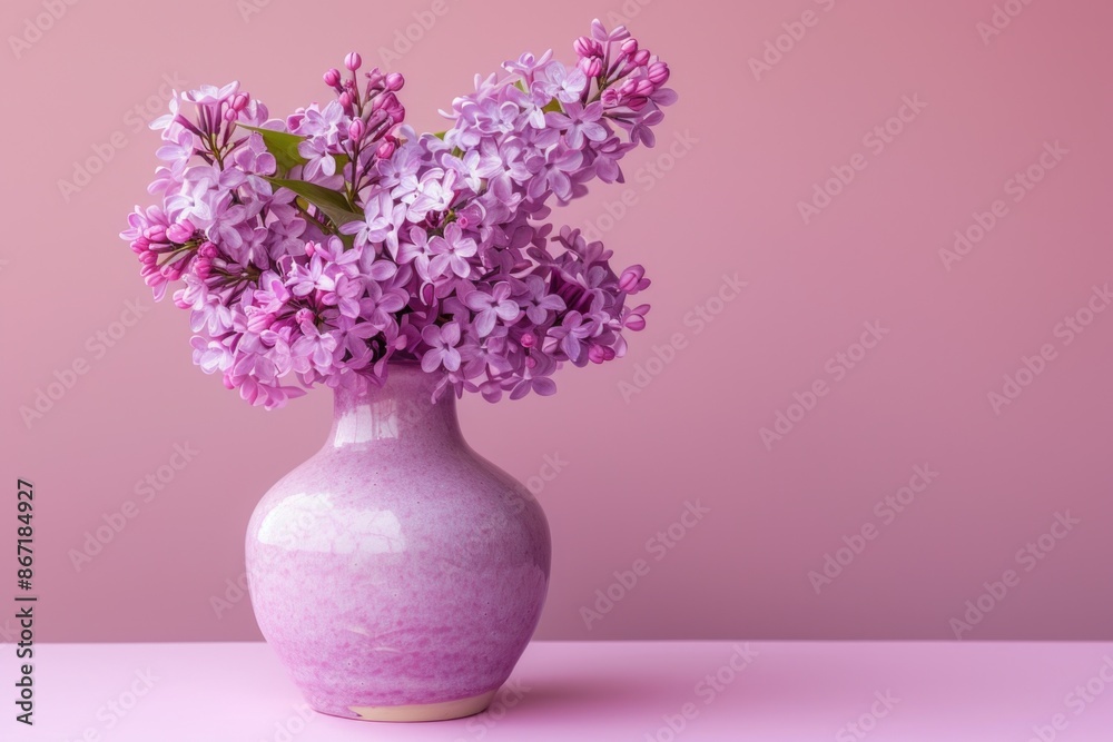 Purple vase stands on the table with fragrant fresh lilacs Purple vase stands on the table with fragrant fresh lilacs