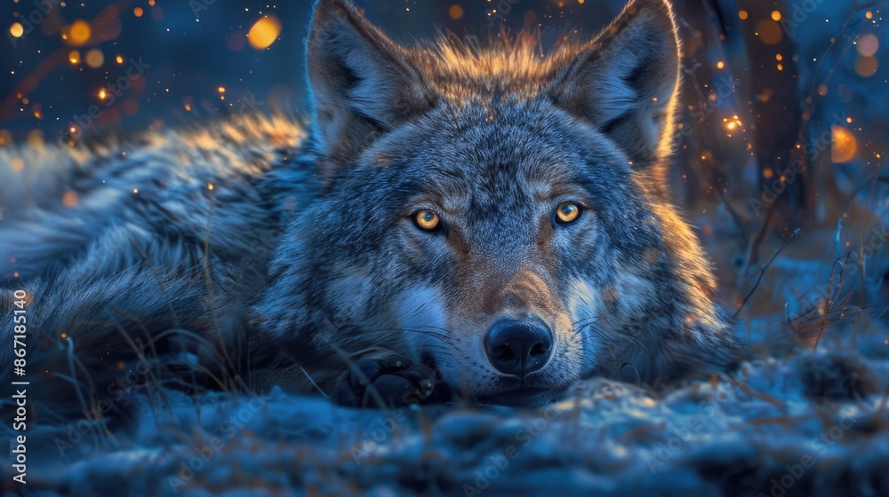 Majestic Wolf at Dusk with Glowing Eyes and Warm Embers in a Snowy Wilderness Scene Majestic Wolf at Dusk with Glowing Eyes and Warm Embers in a Snowy Wilderness Scene