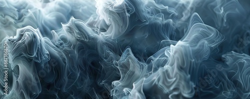 A high-definition image of detailed, swirling smoke patterns in shades of gray and blue, creating an ethereal and dynamic abstract texture. photo