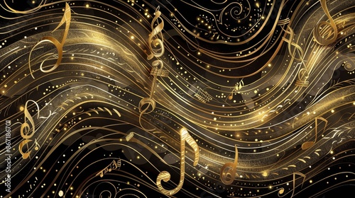 Golden abstract music note design, vector illustration, intricate musical patterns, elegant gold tones, visually captivating and artistic © Alpha