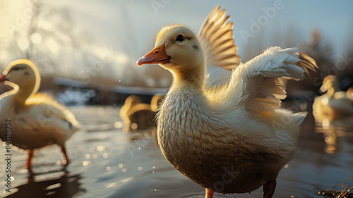 Cute duckling waddling in meadow, AI Generative. photo