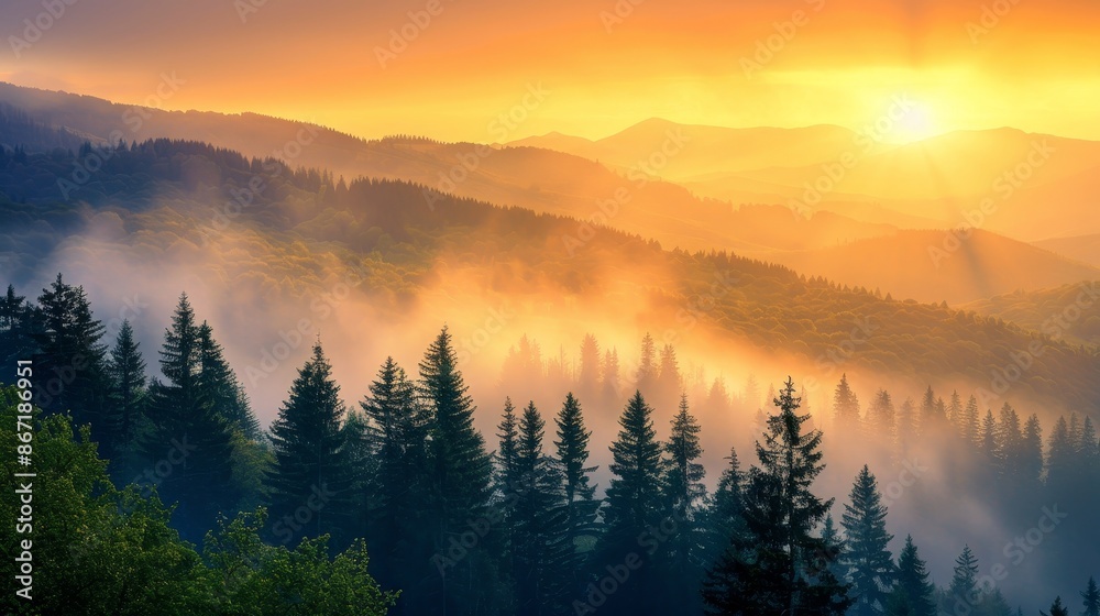 Fototapeta premium Golden sunrise over misty mountains, forest covered in morning fog, warm light spreading, serene and invigorating landscape