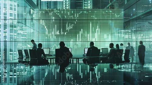 Team of Financial Analysts Reviewing Data and Charts in Sleek Boardroom © Varunee