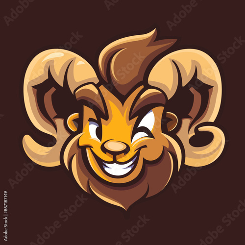 cartoon character logo, Ram, winking, smiling, 2d, vector illustration, mascot logo