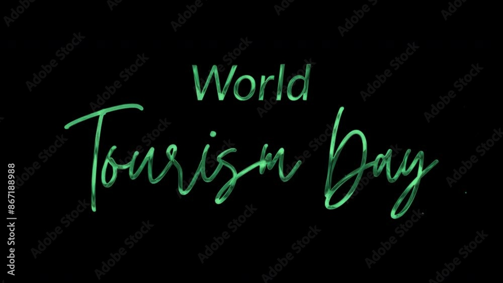 World Tourism Day Text Animation, Elegant 4K video with green ink droplets forming flowing calligraphy, glowing effect, transparent background, perfect for celebrating global travel diversity. World Tourism Day Text Animation, Elegant 4K video with green ink droplets forming flowing calligraphy, glowing effect, transparent background, perfect for celebrating global travel diversity.