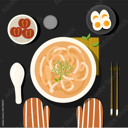 set of food udon Isolated japanese food noodle vector with table concept 