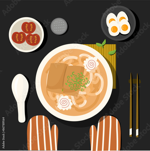 Vector of Isolated japanese food noodle udon with table concept 