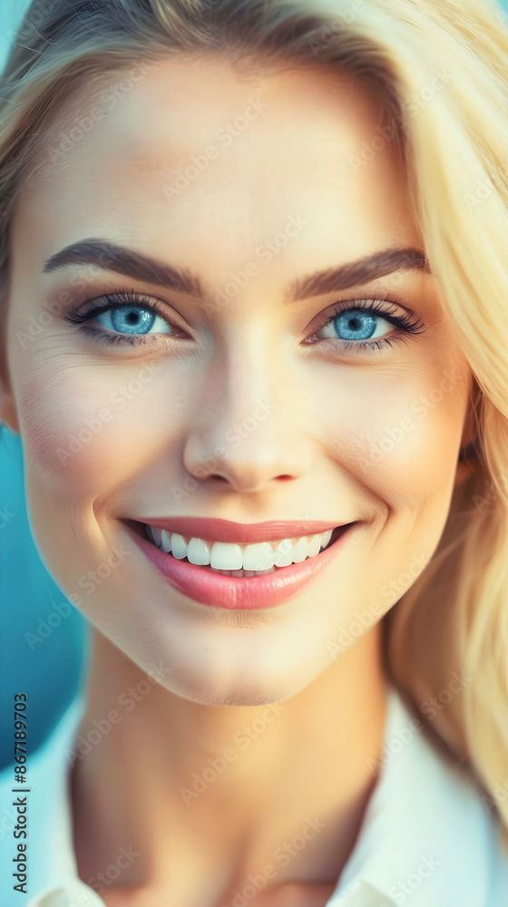Portrait of beautiful blonde female lady, blue eyes, smiling with perfect teeth, fashion model, people background