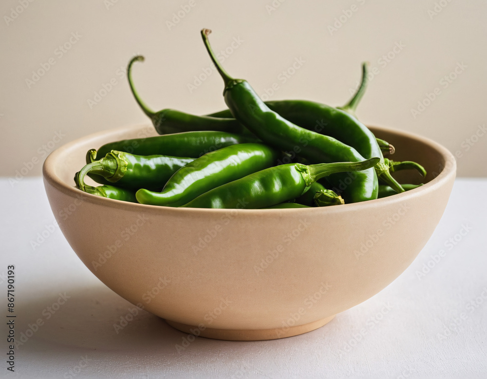 Green Chilli in Bowl on White Table AI Generated Green Chilli in Bowl on White Table AI Generated