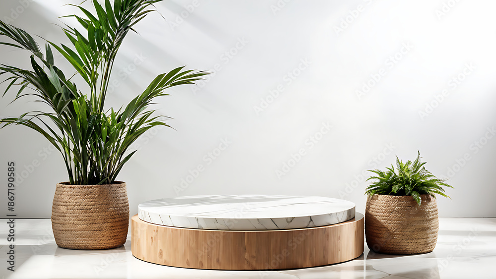  Podium background display bamboo product 3D platform cosmetic plant beauty. Podium white background display green leaf shadow marble stand presentation nature space empty scene stone fresh light. 

