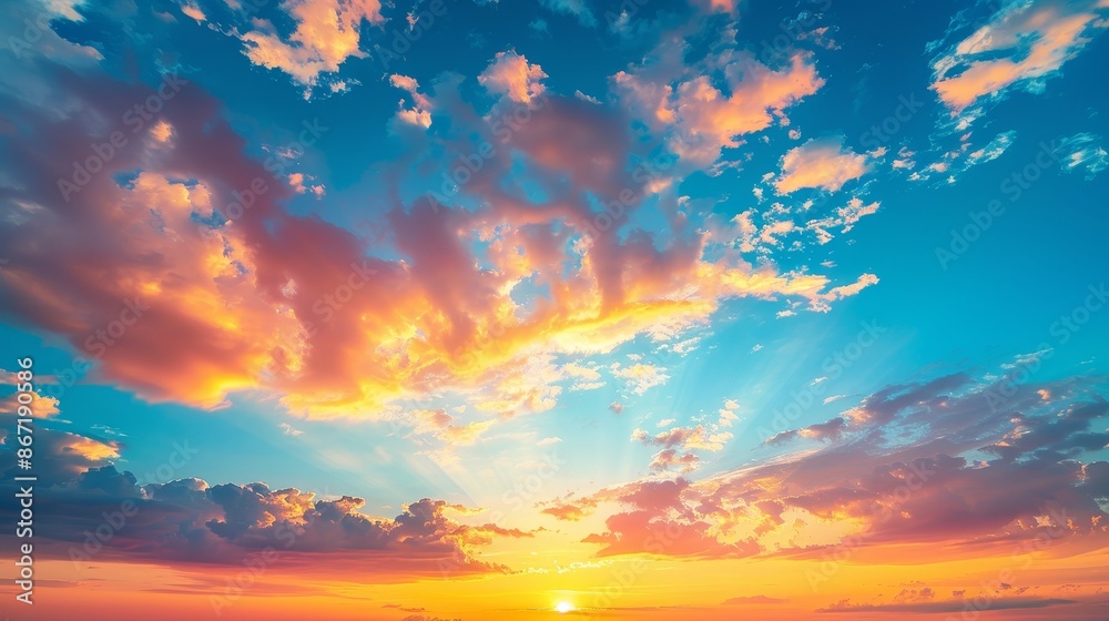 Orange and yellow hues blending into a blue sky, clouded foreground, vibrant sunset colors, detailed cloud textures, serene and picturesque Orange and yellow hues blending into a blue sky, clouded foreground, vibrant sunset colors, detailed cloud textures, serene and picturesque