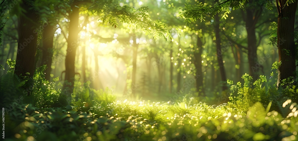 Obraz premium idea generation, vibrant forest scene, long shot, lush green trees with golden sunlight filtering through, detailed foliage, digital 3D rendering, high realism, stunning natural beauty