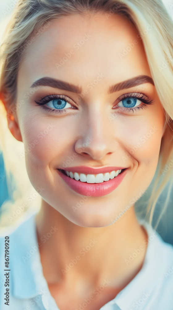 Portrait of beautiful blonde female lady, blue eyes, smiling with perfect teeth, fashion model, people background