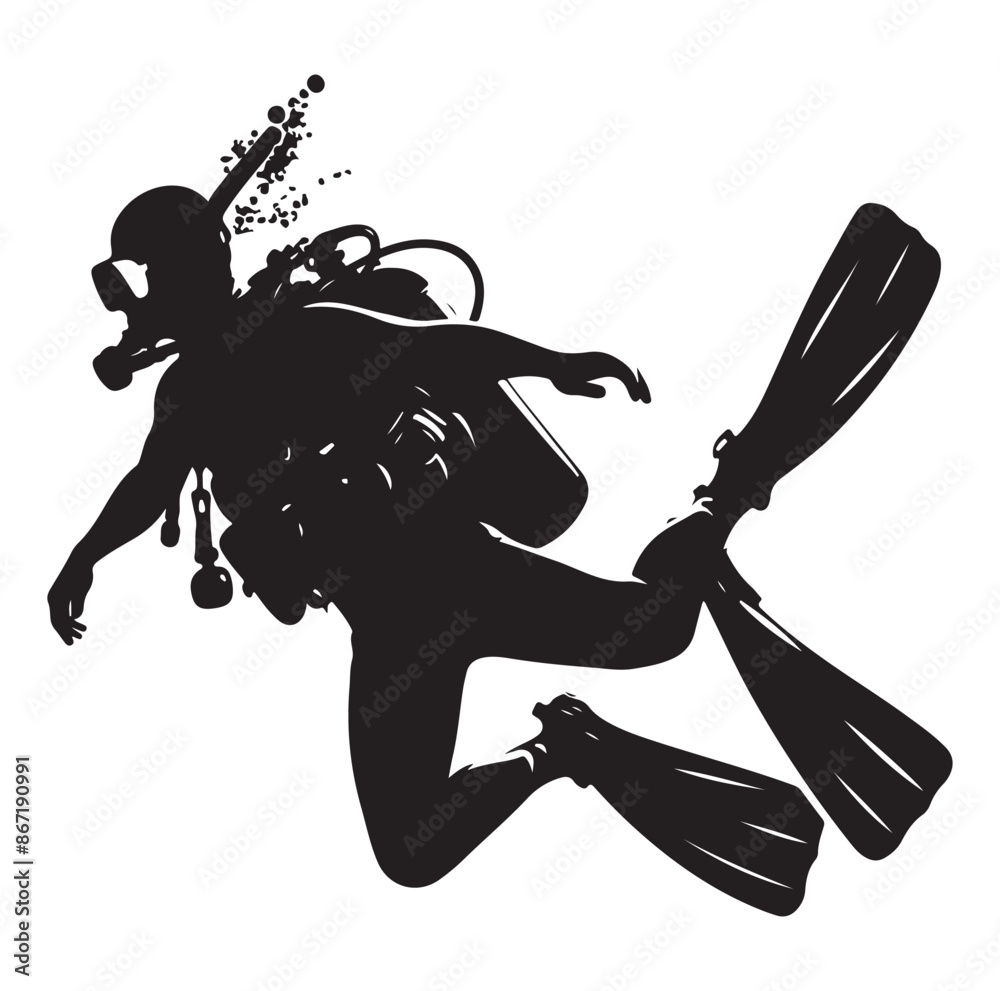 A vector Scuba diving silhouette vector isolated on white background A vector Scuba diving silhouette vector isolated on white background