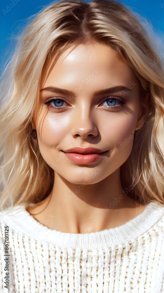 Portrait of beautiful blonde female lady, blue eyes, smiling with perfect teeth, fashion model, people background