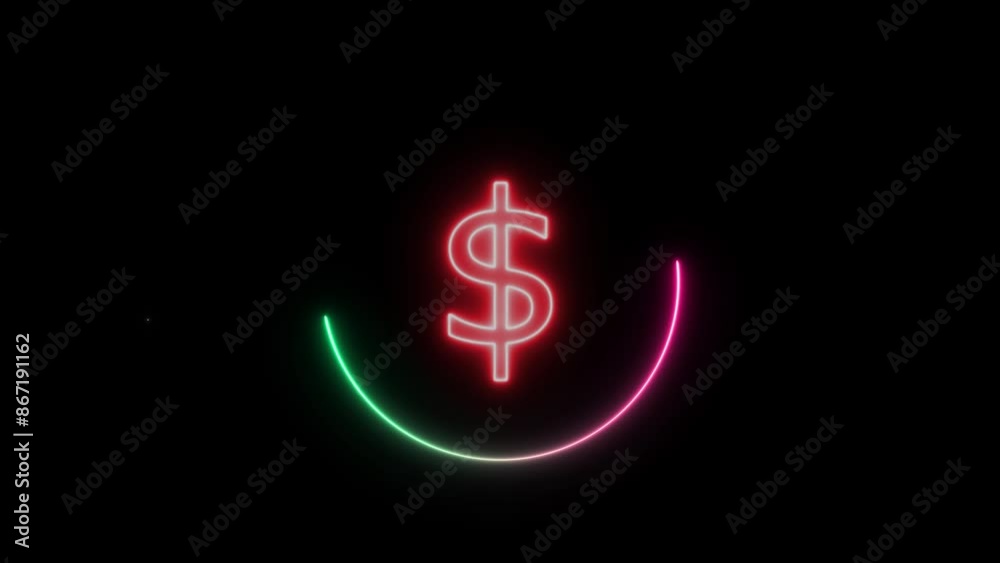 Glowing neon dollar sign animation on dark background. Dollar icon 4K animation video.
