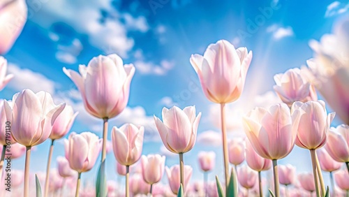 beautiful blooming tulip field on abstract blue sky in springtime, floral concept #867191130