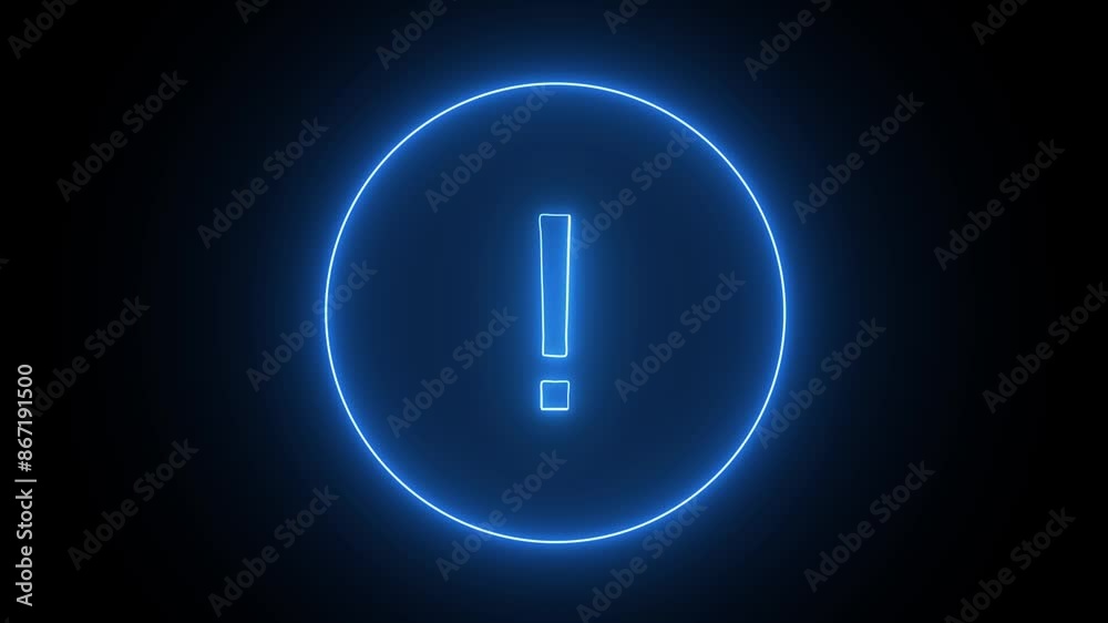 Exclamation mark enclosed by a circle. Neon animation. Black background 4K animation video. Exclamation mark enclosed by a circle. Neon animation. Black background 4K animation video.