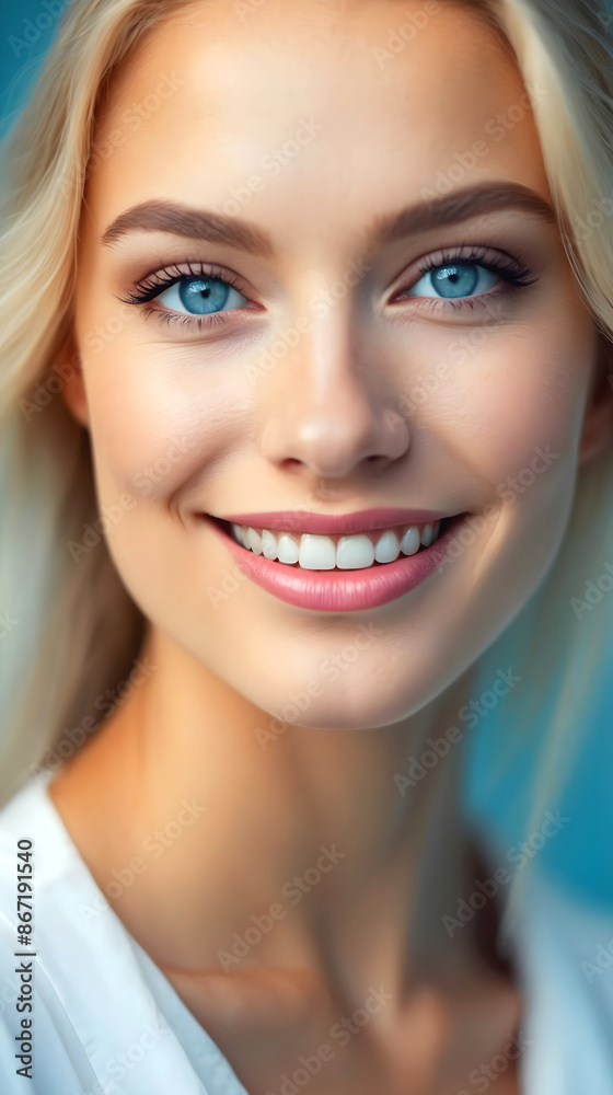 Portrait of beautiful blonde female lady, blue eyes, smiling with perfect teeth, fashion model, people background