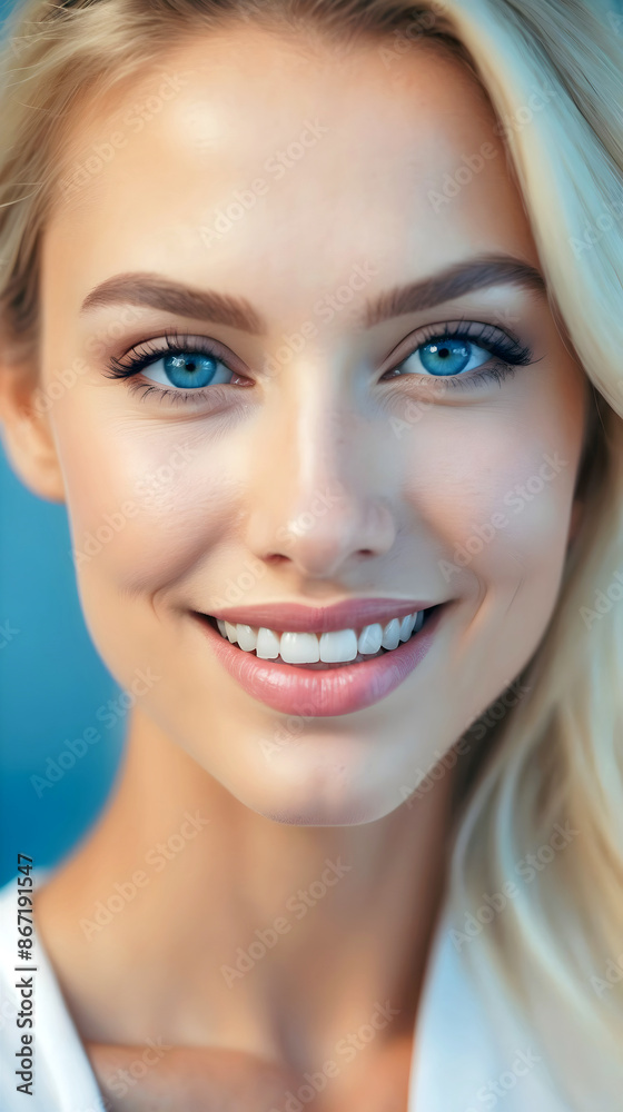 Portrait of beautiful blonde female lady, blue eyes, smiling with perfect teeth, fashion model, people background Portrait of beautiful blonde female lady, blue eyes, smiling with perfect teeth, fashion model, people background