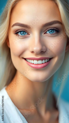 Portrait of beautiful blonde female lady, blue eyes, smiling with perfect teeth, fashion model, people background