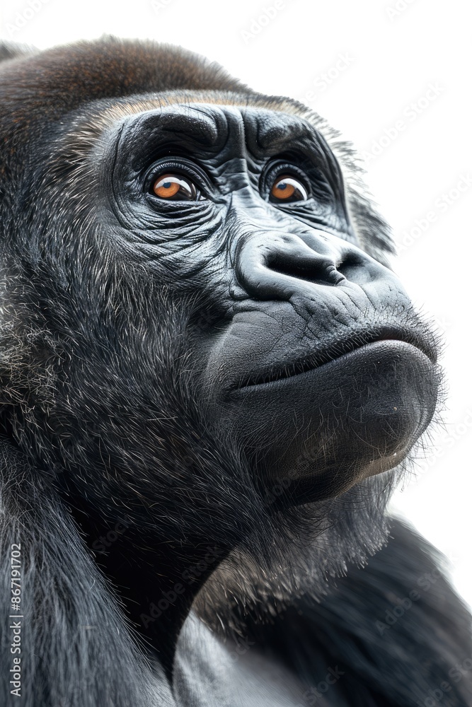 Close-up portrait of a gorilla against white backdrop. Close-up portrait of a gorilla against white backdrop.