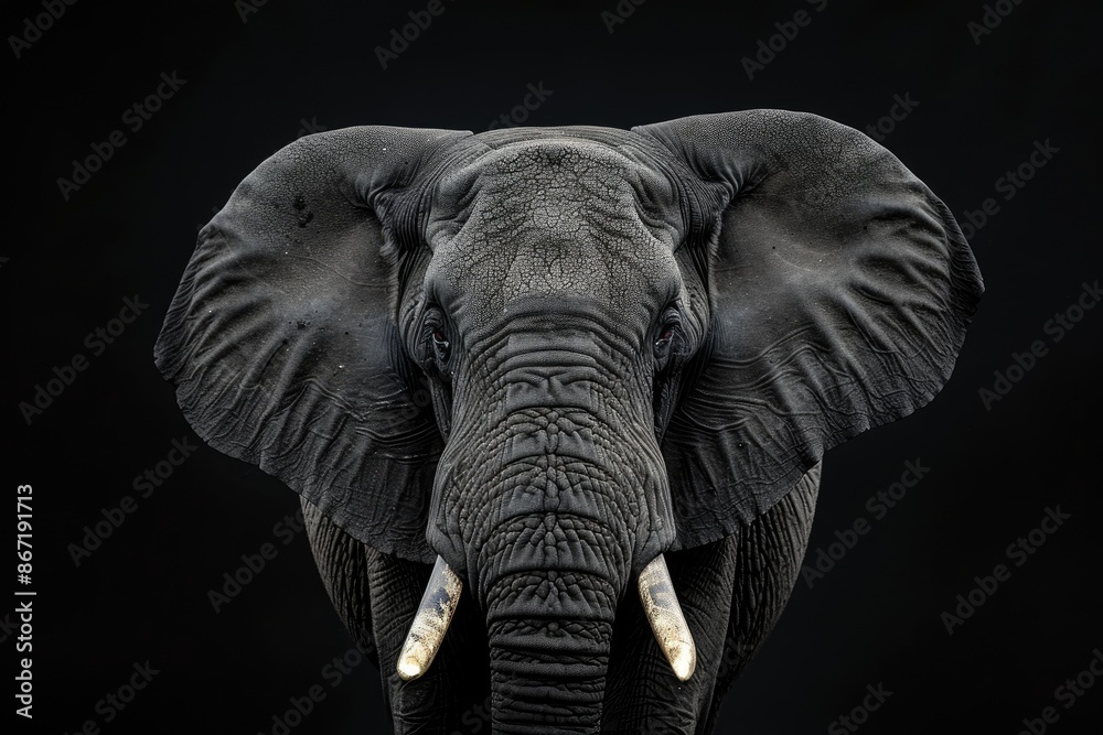 Obraz premium Majestic elephant portrait with tusks with dark background