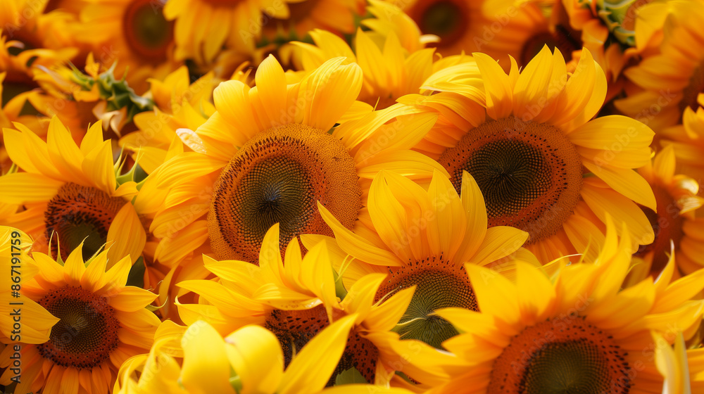 A bunch of yellow sunflowers are in a field. The sunflowers are in full bloom and are arranged in a way that they are all facing the same direction. Concept of warmth and happiness