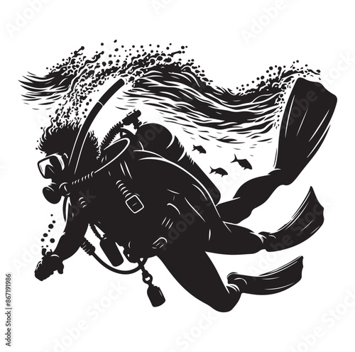 A vector Scuba diving silhouette vector isolated on white background