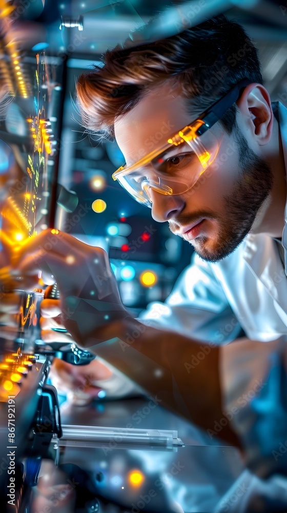 Acquisitive engineer in safety goggles conducting research in futuristic robotics laboratory Acquisitive engineer in safety goggles conducting research in futuristic robotics laboratory