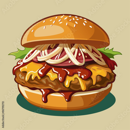 A hamburger with cheese, onions, ketchup, and lettuce on a bun