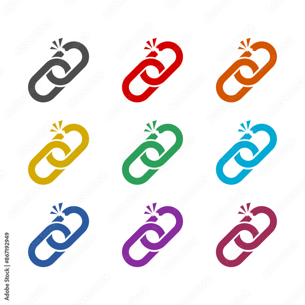 Broken chain sign icon isolated on white background. Set icons colorful Broken chain sign icon isolated on white background. Set icons colorful