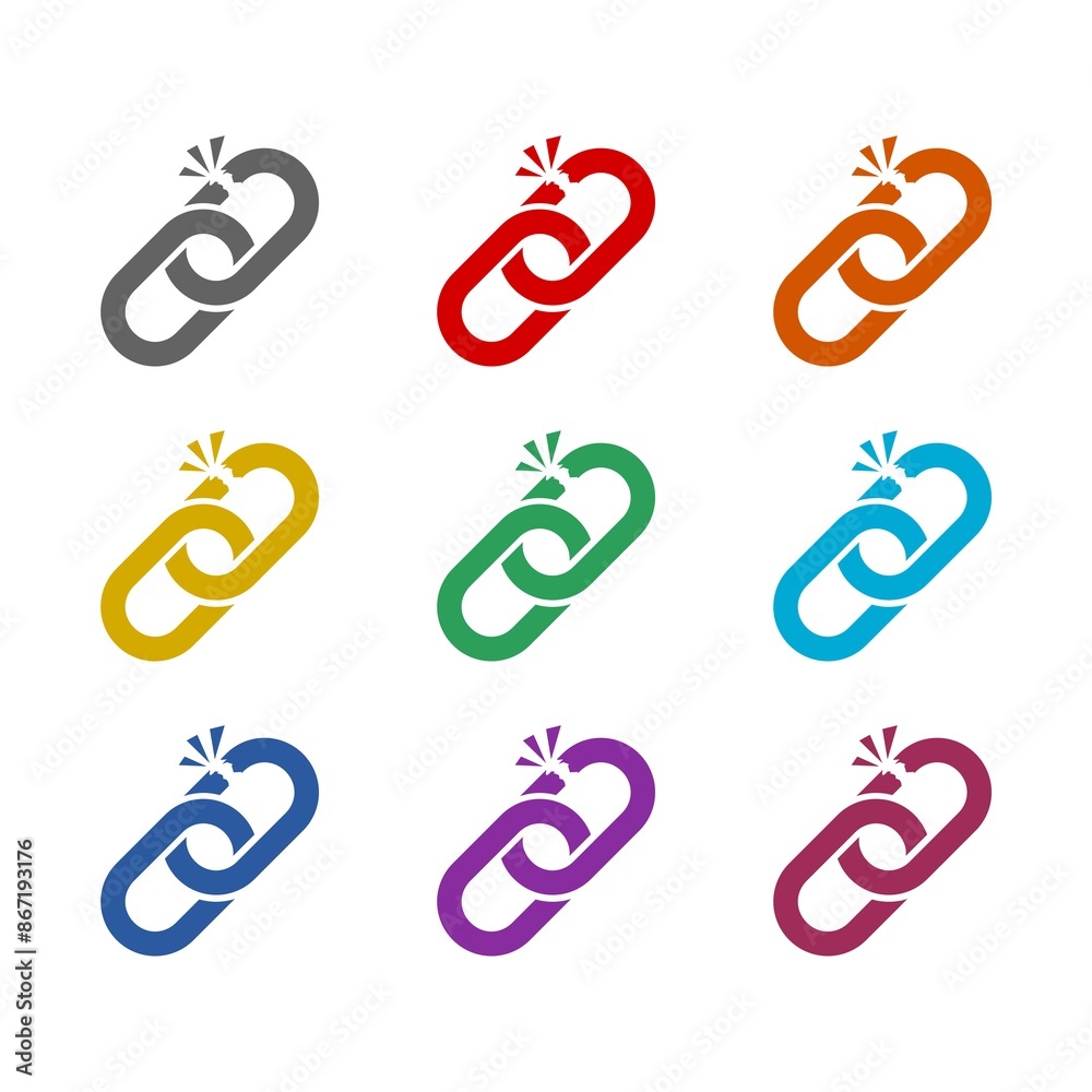 Broken chain sign icon isolated on white background. Set icons colorful Broken chain sign icon isolated on white background. Set icons colorful