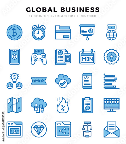 Set of Global Business icons in Two Color style. Two Color Icons symbol collection.