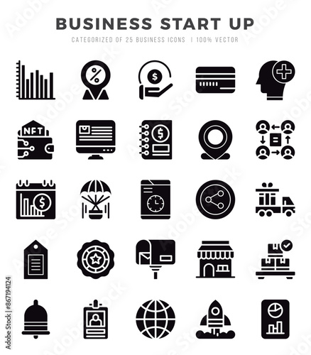 Set of Business Start Up icons in Glyph style. Glyph Icons symbol collection.
