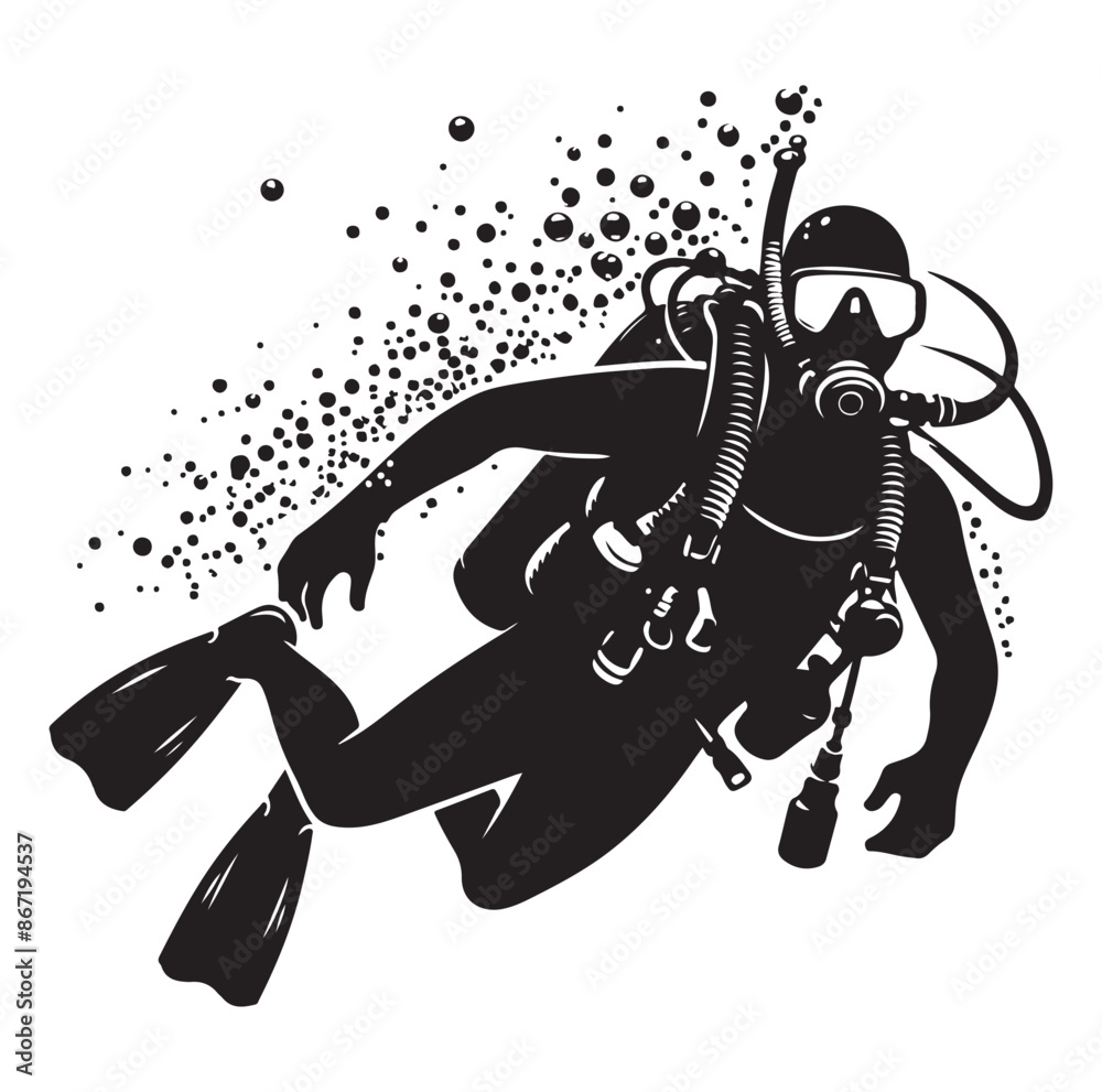 A vector Scuba diving silhouette vector isolated on white background A vector Scuba diving silhouette vector isolated on white background
