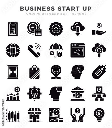 Set of simple Glyph Business Start Up Icons. Glyph art icons pack.