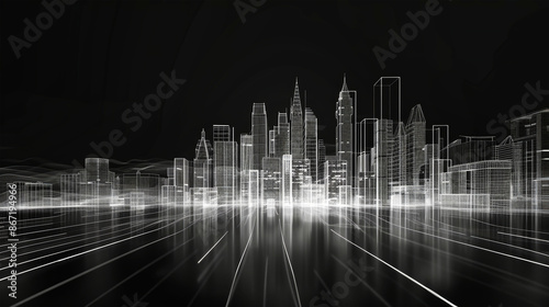 A digital rendering of a city skyline, composed of glowing lines and ethereal light © Anoo