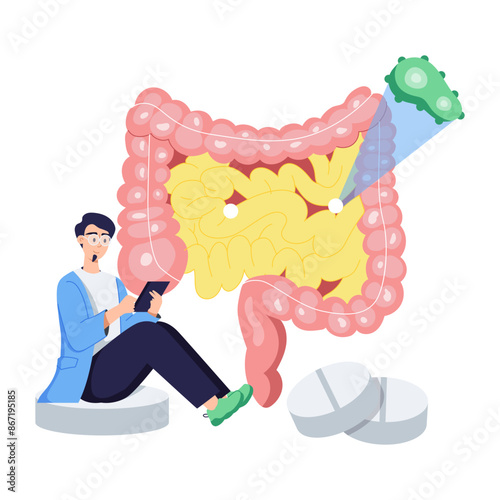 Character based flat illustration of colonoscopy 
