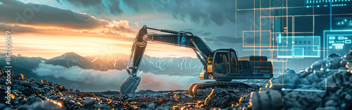 An excavator stands idle in a quarry, surrounded by data visualizations and graphs reflecting its performance and energy efficiency photo