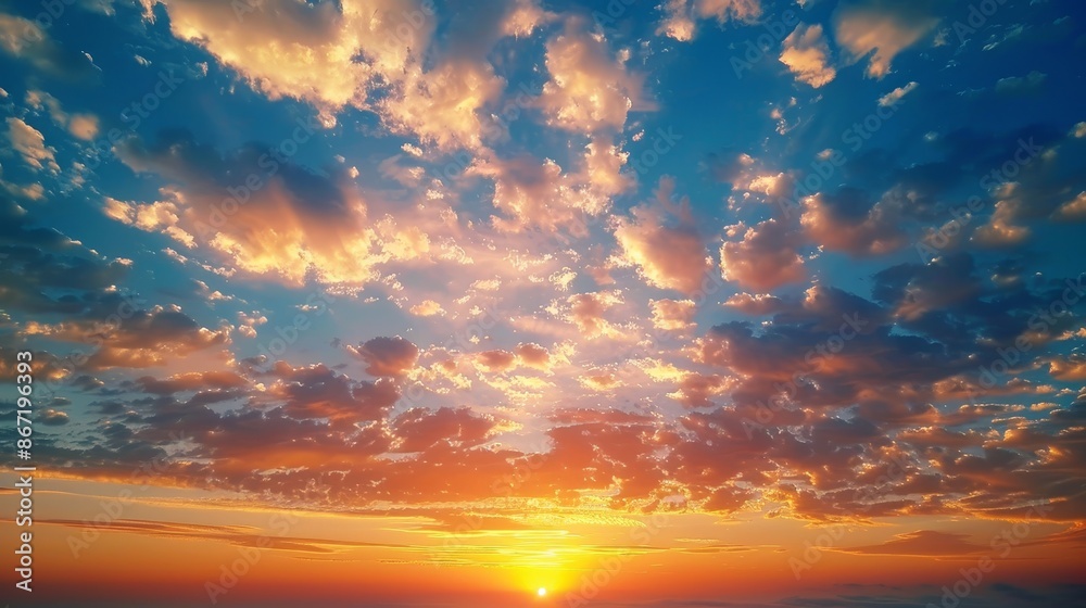 Fototapeta premium Sky painted with orange and yellow hues against blue, clouded foreground, detailed cloud textures, warm and serene sunset, picturesque view