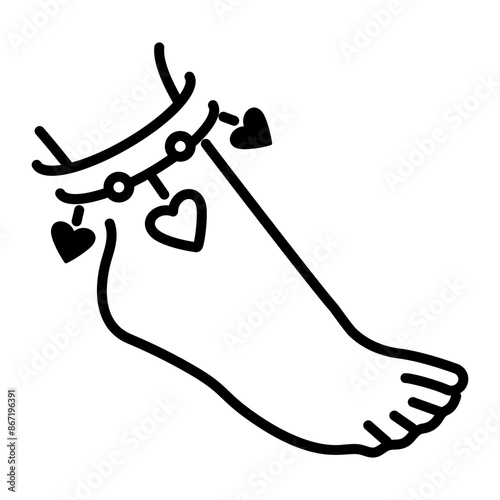 Stylish heart anklet in foot, line icon 