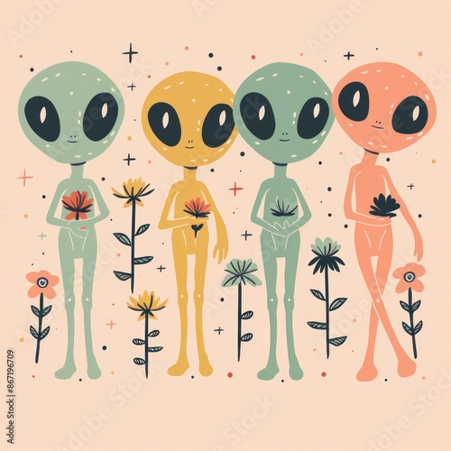 Wallpaper Mural Cute Aliens holding flowers, The illustration with a pastel pink, yellow, blue, green and orange palette conveying a celestial theme Torontodigital.ca