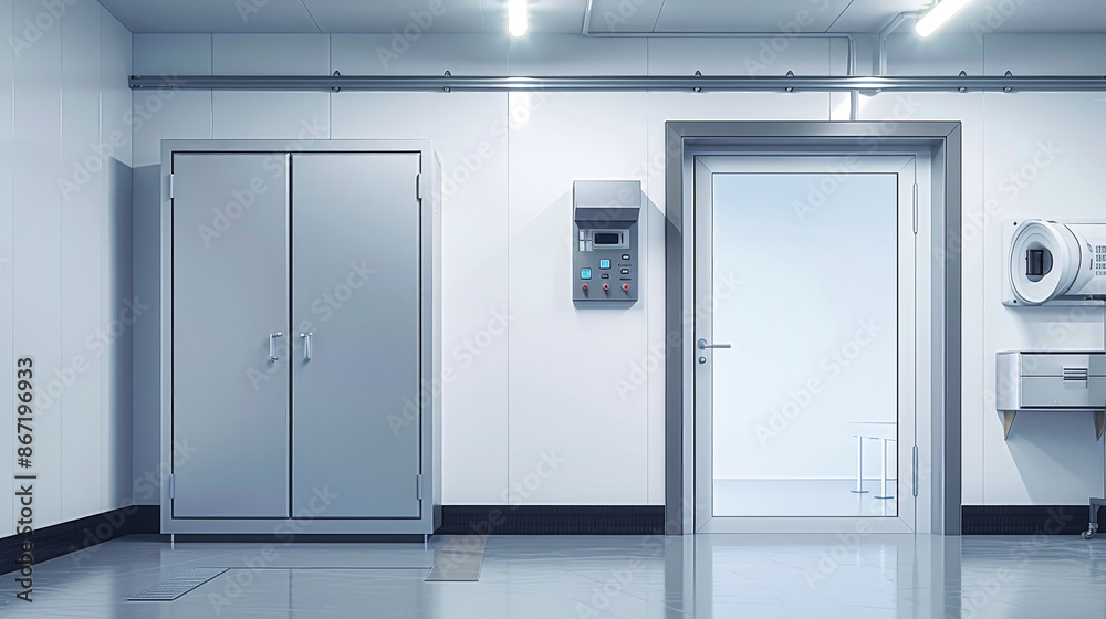 A clean and empty industrial refrigerated room with a closed door to the freezer unit, a control panel, and a large storage cabinet A clean and empty industrial refrigerated room with a closed door to the freezer unit, a control panel, and a large storage cabinet