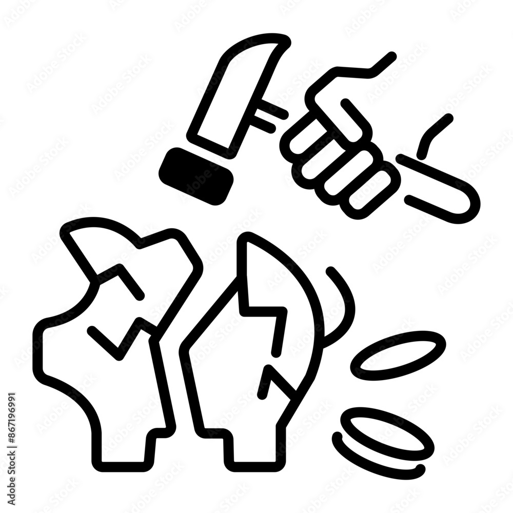 Breaking piggy with hammer showing economic crisis, line icon Breaking piggy with hammer showing economic crisis, line icon