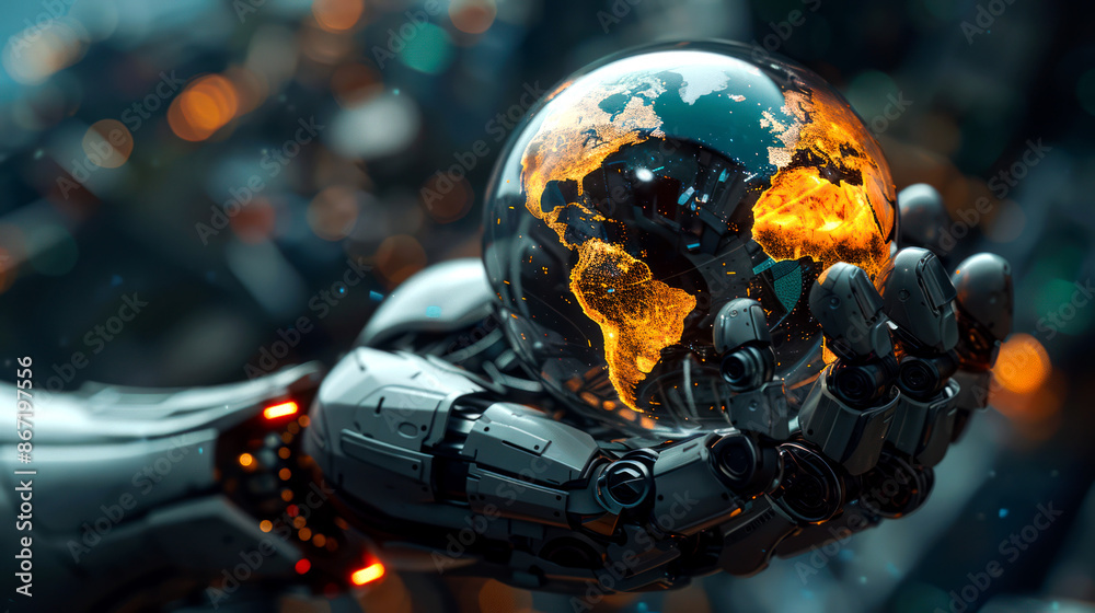 closeup hand robot holding globe closeup hand robot holding globe